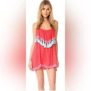 Tiare Hawaii Red Tassel Mini Dress O/S Boho Aztec Tribal Beach Cover Up Resort